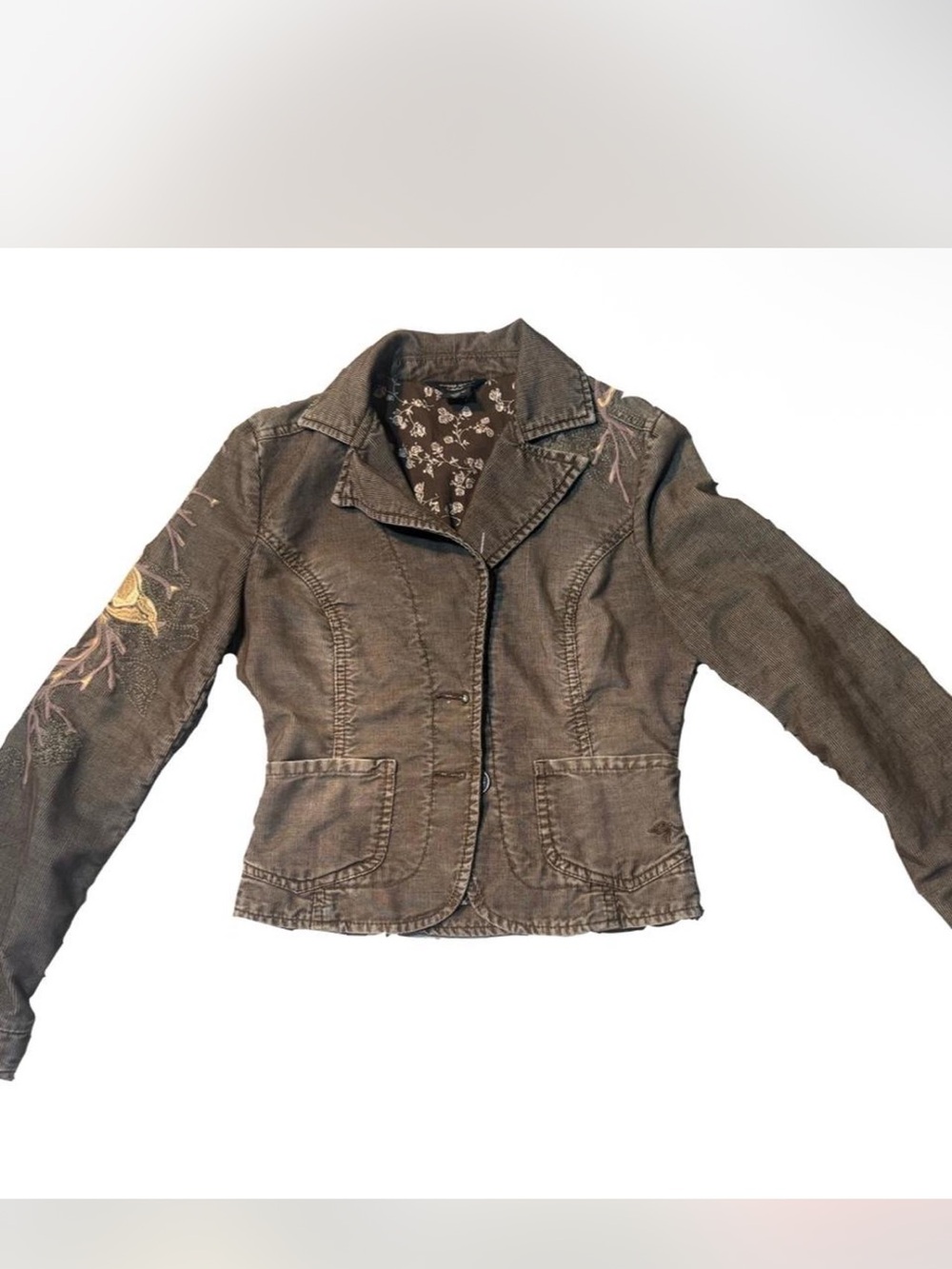Guess Brown Embroidered Casual Blazer Jacket